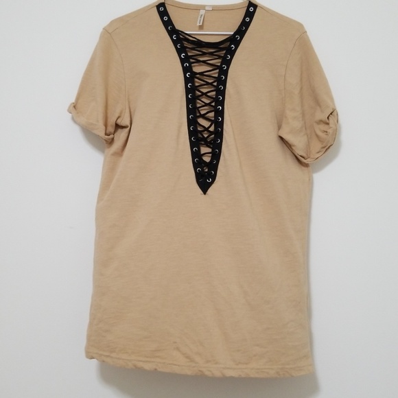 🔥3 for $20 | Lace Up Tan Shirt - Picture 4 of 5